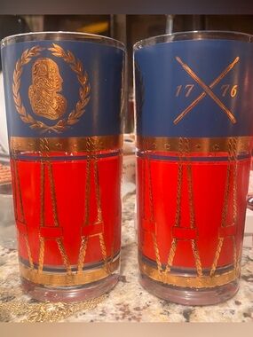 Vintage Cera Glassware 22k Gold Leaf MCM Patriotic Barware - Set of 2 1776